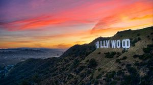 Preview wallpaper hollywood, word, inscription, rocks, sunset