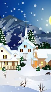 Preview wallpaper home, full moon, church, snow, night, winter