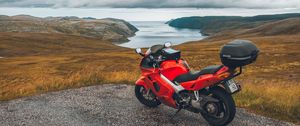 Preview wallpaper honda, motorcycle, bike, mountains, sea, travel
