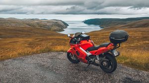 Preview wallpaper honda, motorcycle, bike, mountains, sea, travel