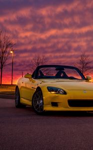 Preview wallpaper honda s2000, honda, car, yellow, cabriolet, twilight