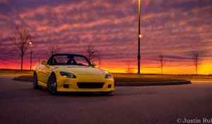 Preview wallpaper honda s2000, honda, car, yellow, cabriolet, twilight