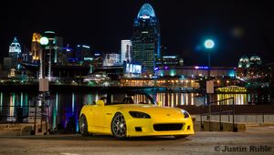 Preview wallpaper honda s2000, honda, car, yellow, city, lights, night