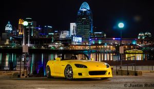 Preview wallpaper honda s2000, honda, car, yellow, city, lights, night