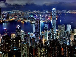 Preview wallpaper hong kong, city, night, lights, skyscrapers, water