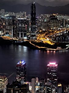 Preview wallpaper hong kong, high-rise, buildings, river, bank