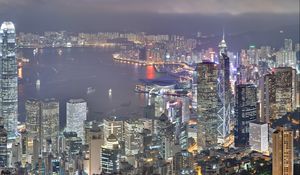 Preview wallpaper hong kong, skyscrapers, night, light, building