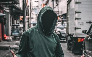 Preview wallpaper hood, hoodie, man, anonymous, street