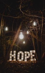 Preview wallpaper hope, words, lamp, forest