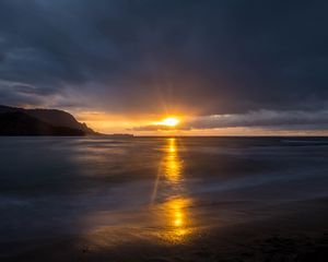 Preview wallpaper horizon, sunset, clouds, sea, shore