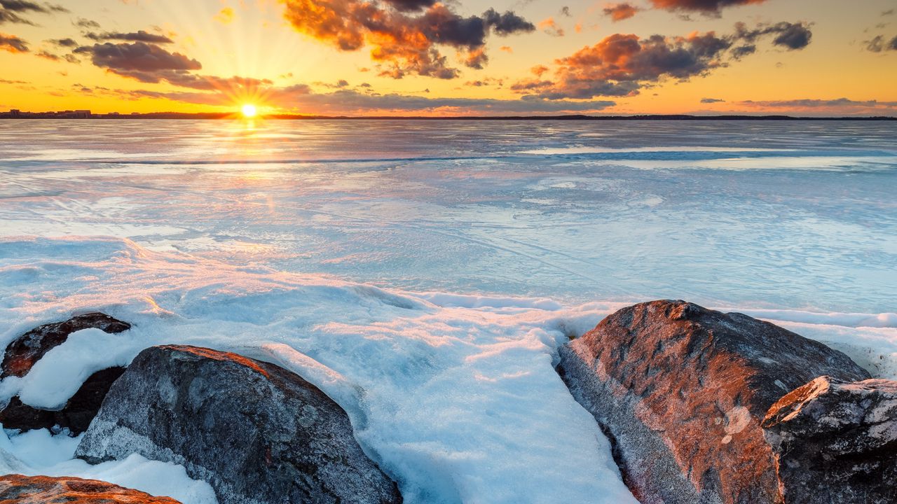 Wallpaper horizon, sunset, stones, ice, snow