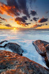 Preview wallpaper horizon, sunset, stones, ice, snow