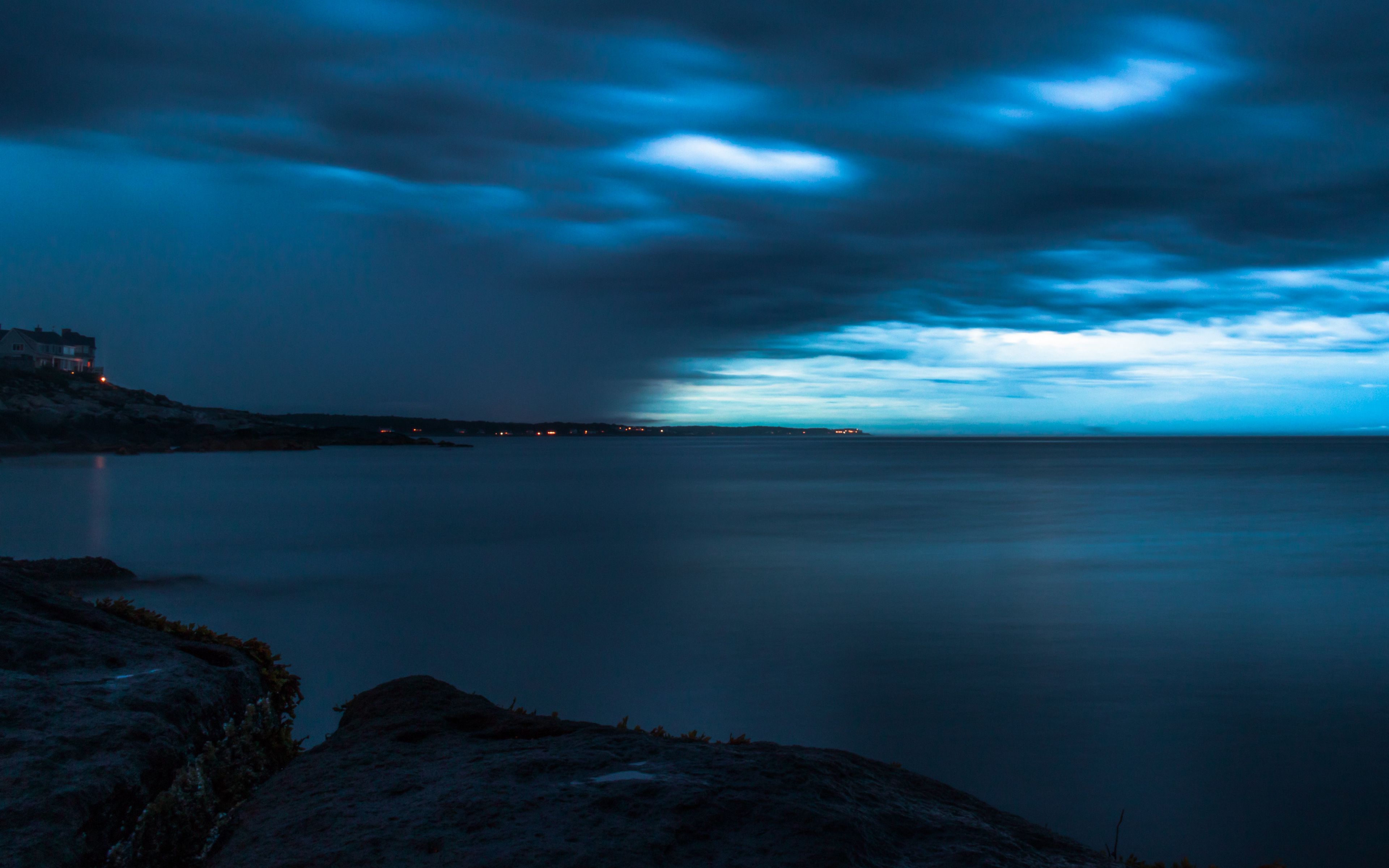 3840x2400 Wallpaper horizon, twilight, storm, sky, clouds, shore