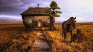 Preview wallpaper horse, couple, building, trees, grass