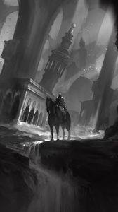 Preview wallpaper horse, horseman, ruins, architecture, art, black and white