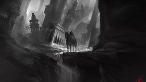 Preview wallpaper horse, horseman, ruins, architecture, art, black and white