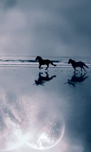 Preview wallpaper horse, sea, coast, couple, escape, evening