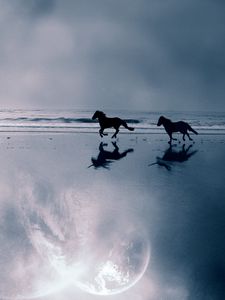 Preview wallpaper horse, sea, coast, couple, escape, evening