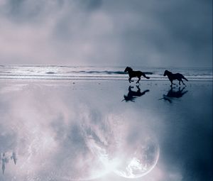 Preview wallpaper horse, sea, coast, couple, escape, evening