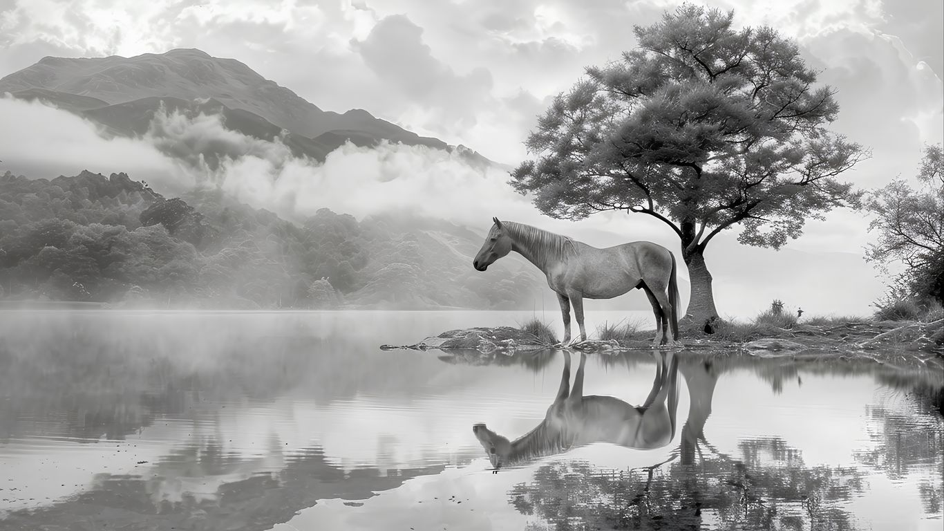 1366x768 Wallpaper horse, tree, reflection, pond, bw