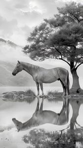 Preview wallpaper horse, tree, reflection, pond, bw