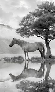 Preview wallpaper horse, tree, reflection, pond, bw