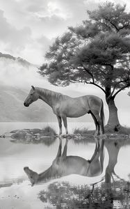 Preview wallpaper horse, tree, reflection, pond, bw