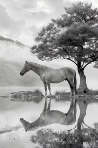 Preview wallpaper horse, tree, reflection, pond, bw