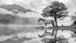 Preview wallpaper horse, tree, reflection, pond, bw