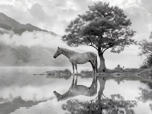 Preview wallpaper horse, tree, reflection, pond, bw