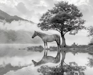 Preview wallpaper horse, tree, reflection, pond, bw