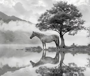 Preview wallpaper horse, tree, reflection, pond, bw