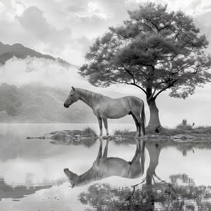 Preview wallpaper horse, tree, reflection, pond, bw