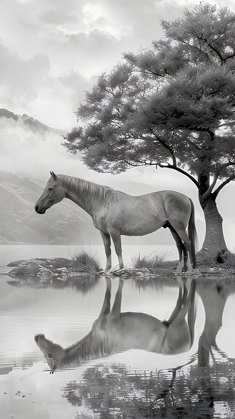 938x1668 Wallpaper horse, tree, reflection, pond, bw