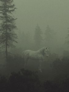 Preview wallpaper horse, trees, fog, art