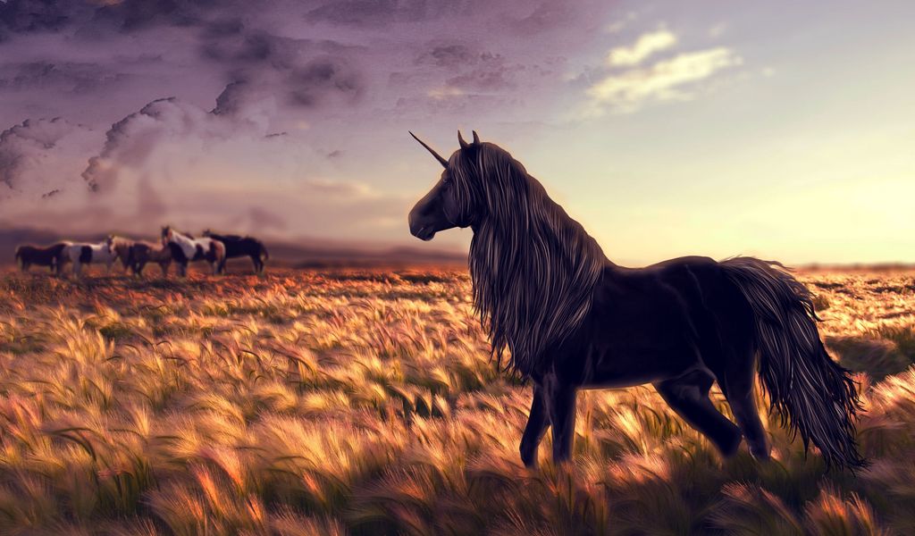 1024x600 Wallpaper horse, unicorn, golf, art, grass, wind