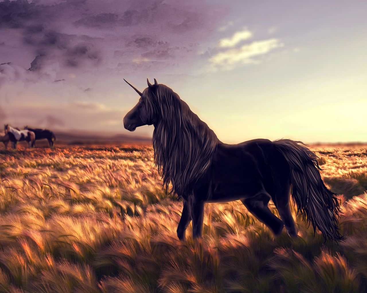 1280x1024 Wallpaper horse, unicorn, golf, art, grass, wind