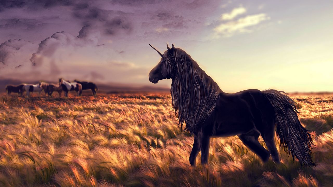 1280x720 Wallpaper horse, unicorn, golf, art, grass, wind