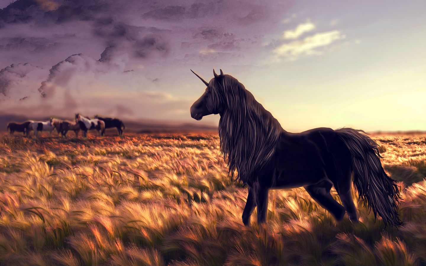 1440x900 Wallpaper horse, unicorn, golf, art, grass, wind