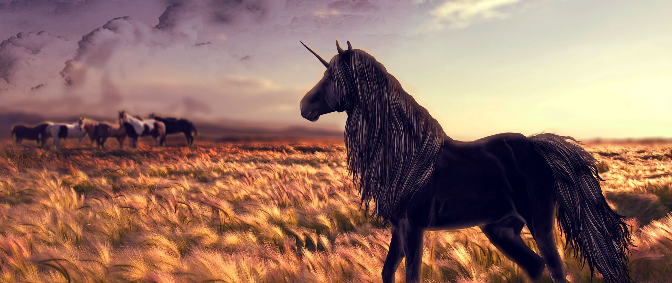 2560x1080 Wallpaper horse, unicorn, golf, art, grass, wind