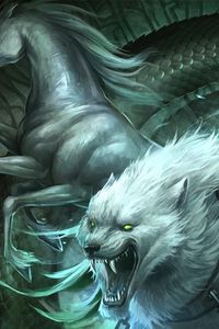 Preview wallpaper horse, wolf, teeth, chains, snake, man
