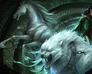 Preview wallpaper horse, wolf, teeth, chains, snake, man