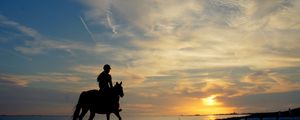 Preview wallpaper horseback rider, girl, silhouette, horse, lake, borders