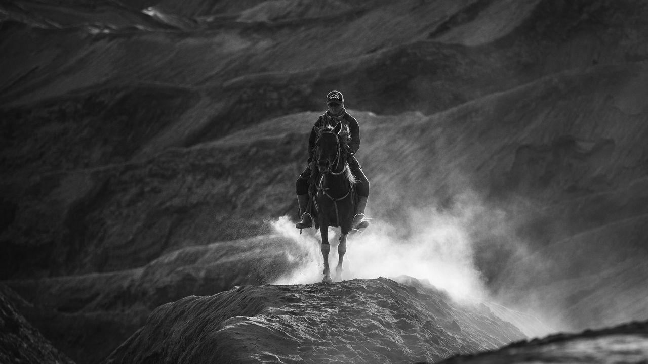 Wallpaper horseman, bw, horse, mountains, hills