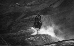 Preview wallpaper horseman, bw, horse, mountains, hills