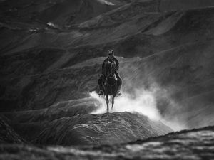 Preview wallpaper horseman, bw, horse, mountains, hills