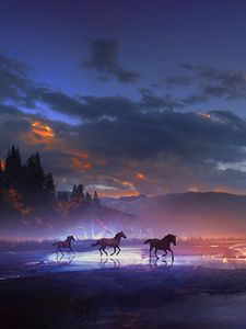 Preview wallpaper horses, art, night, shine