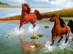 Preview wallpaper horses, steam, game, water, spray, pond, herons