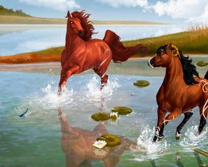 Preview wallpaper horses, steam, game, water, spray, pond, herons