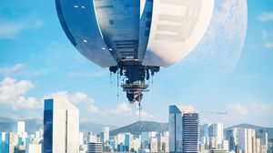 Preview wallpaper hot air balloon, buildings, city, art